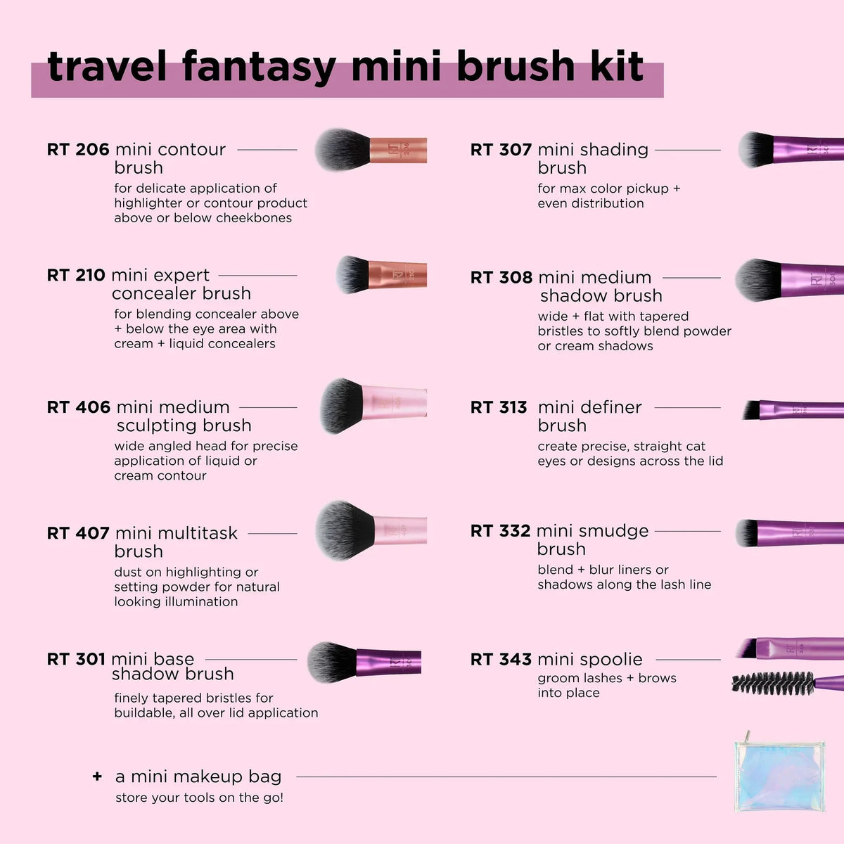 Real Techniques Travel Fantasy Mini Brush Set with Free Makeup Bag