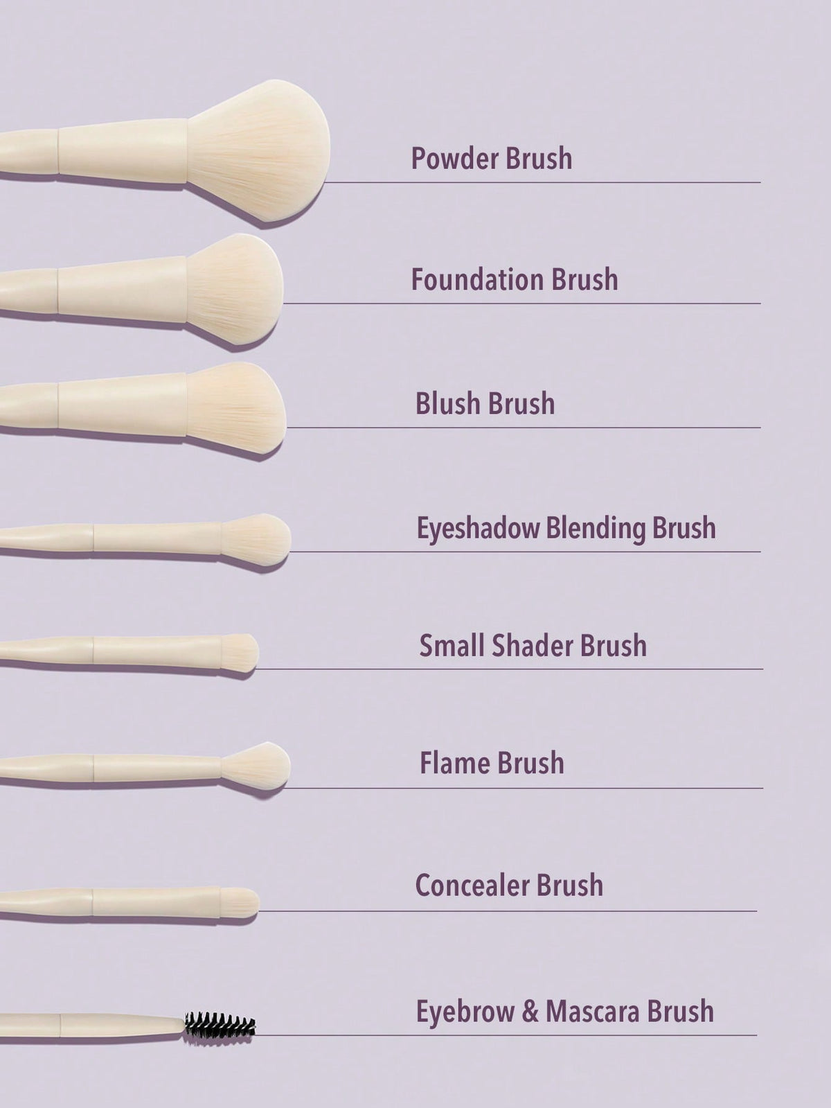 Powder Brush, Foundation Brush, Blush Brush, Eyeshadow Blending Brush, SMall Shader brush, Flame Brush, Concealer Brush, Eyebrow & Mascara Brush